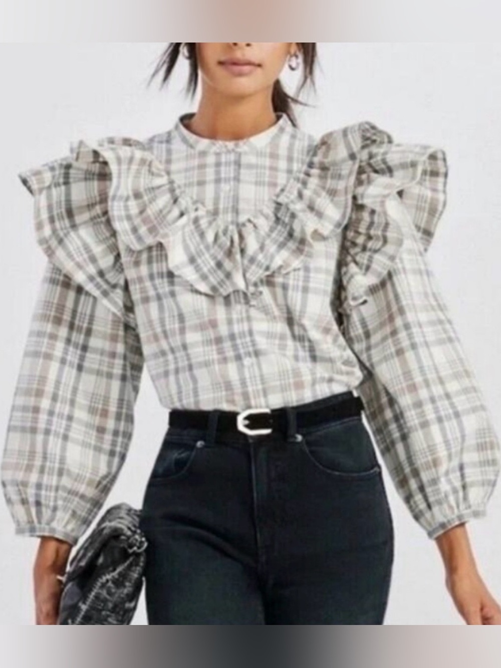 Something Navy Plaid Puff Sleeve Ruffle Prairie Blouse